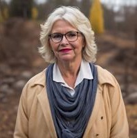 Image of older woman, elegantly and casually dressed, in a forest in autumn