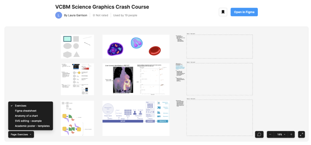 screenshot of figma canvas with three exercises to create basic shapes, figures, and more complex objects in Figma